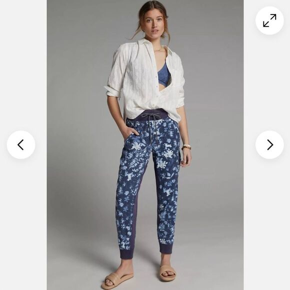 Anthropologie Mixed-Knit Navy Tie Dye Floral Print Joggers - Picture 1 of 4